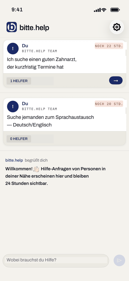 The app feed: two of your own requests with time remaining and helper count, below them the welcome message