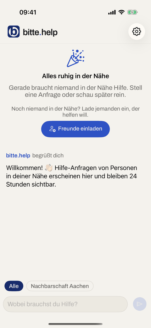 The empty feed of the person about to help: “Alles ruhig in der Nähe” – all quiet nearby