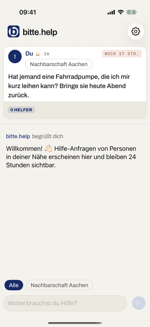 Your own request in the feed, marked “Du” and “0 Helfer” – you, no helpers yet