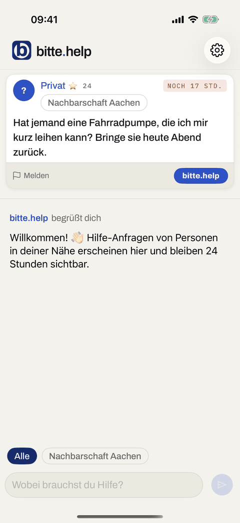 The same request in a nearby person’s feed, shown as “Privat”, with the bitte.help button