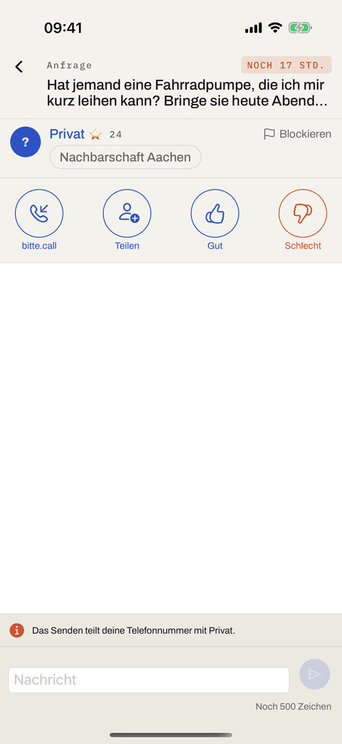 The conversation from the helper’s side, no messages yet: at the top the four actions bitte.call, share, good and bad
