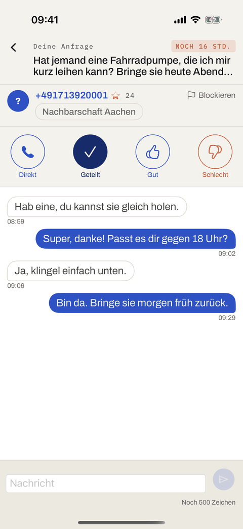 The conversation from the asker’s side: the helper now appears with their phone number, below it four messages back and forth