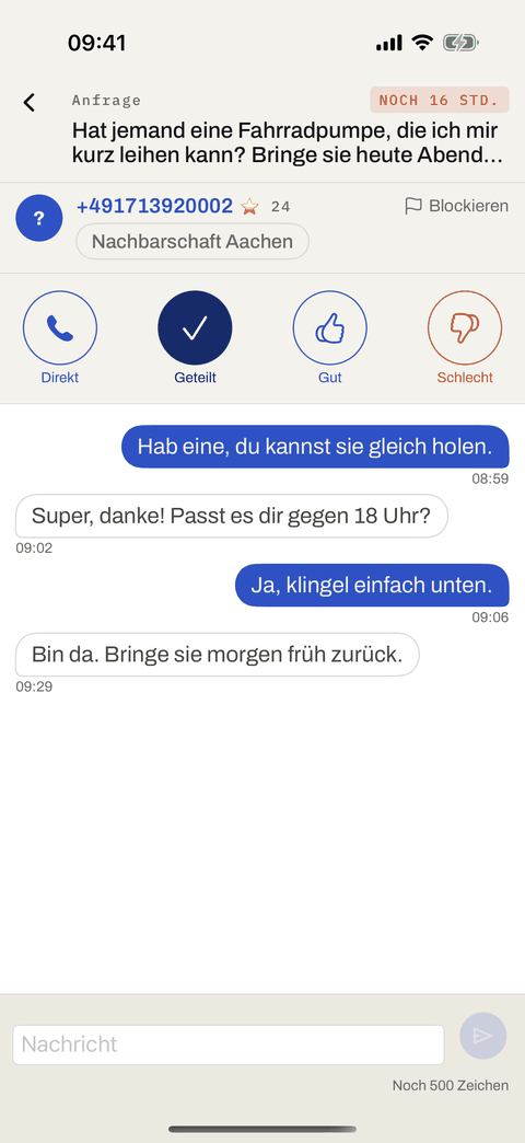 The conversation from the helper’s side: the asker appears with their phone number, below it four messages back and forth