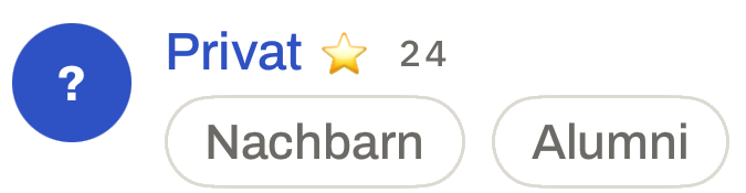 A helper’s line in the app: “Privat” with the karma star and the number 24, below it the groups “Nachbarn” and “Alumni”
